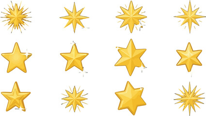 Assortment of golden sparkling star icons collection on white background