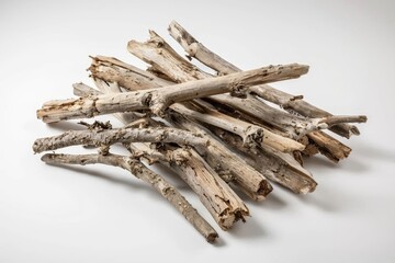 Weathered branches, driftwood, and firewood arranged on white background. AI generated.