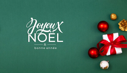 Joyeux noel and Bonee Annee. French Merry Christmas Modern calligraphy lettering on sticker for...
