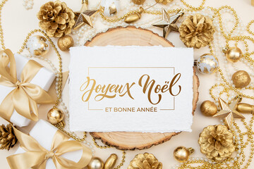 Joyeux noel and Bonee Annee. French Merry Christmas Modern calligraphy lettering on sticker for...