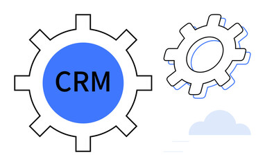 Two interlocking gears with CRM text, symbolizing customer resource management. Cloud element adds synergy, innovation, and integration. Ideal for CRM, teamwork, technology, automation analytics