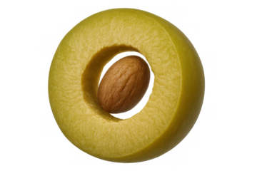 Green olive slice with seed isolated on transparent background, fresh healthy food ingredient