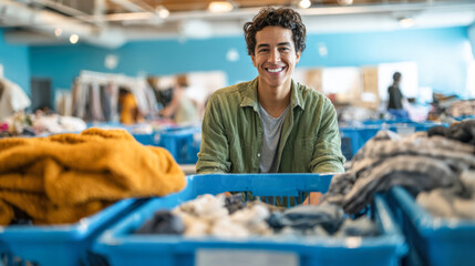 Smiling volunteer sorting secondhand clothes in donation center