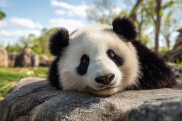 Obraz premium Panda resting on a rock, eyes gazing