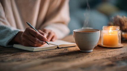 Peaceful journaling moment with tea and candlelight on wooden table