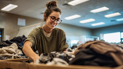 Smiling young woman sorting donated clothes in charity center