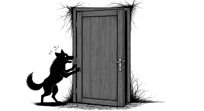 Fairy Tale Concept: Big Bad Wolf Silhouette at Dark Wooden Door on White Background