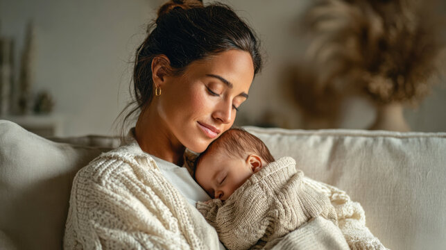 Peaceful mother cuddling sleeping newborn on cozy couch