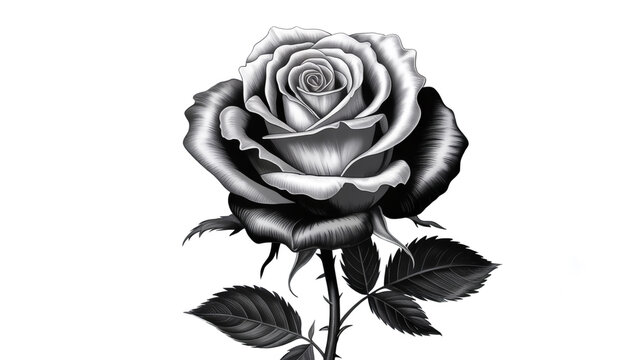 A black and white illustration of a single rose in full bloom against a white background with a subtle checkerboard pattern.
