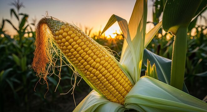 Ripe corn cob in field at sunset ready for harvest close up view