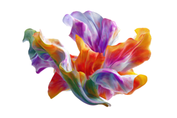 Vibrant, abstract flower with swirling petals.  Colorful, dynamic, and textured blossom against a black background.  Petal edges highlighted in warm colors
