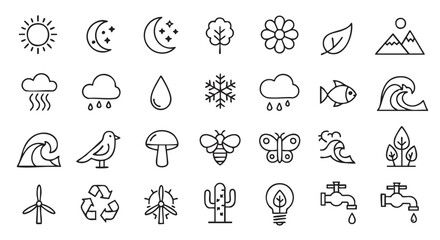 Fototapeta premium Nature elements minimal vector icons set ecology and weather symbols