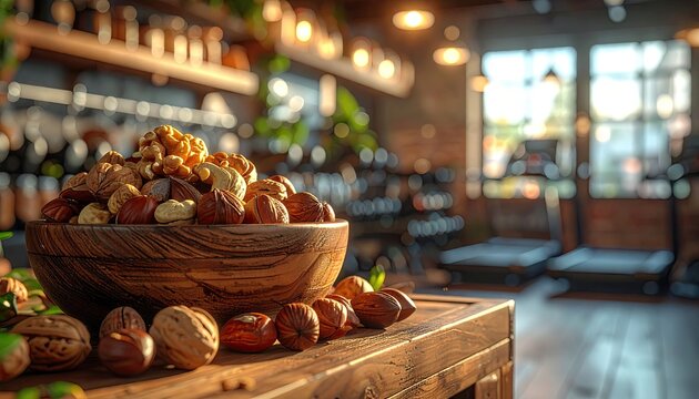 Close Up Shot of a Wooden Bowl Filled with Nuts on a Wooden Table in a Cozy Interior Scene - Powered by Adobe