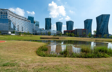 Park lawns and modern office buildings in technology parks