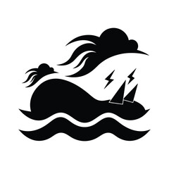 Black silhouette stormy ocean waves and lightning logo design for dramatic artwork Vector illustration