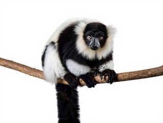 Naklejka premium Black and White Ruffed Lemur Perched on Branch, Curious Expression