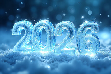 Frozen Crystal &ldquo;2026&rdquo; Carved in Ice with Blue Winter Glow &mdash; Sparkling Frosty New Year Background
