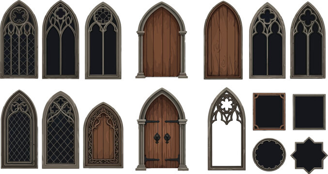Collection of gothic architectural elements doors windows frames for design use