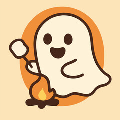 Ghost camping by fire roasting marshmallow cozy halloween night icon