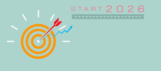 Business plan target strategy concept featuring 2026 goals, new year objective planning, productivity strategy, development, and success planning, presented on an abstract vintage banner background. © chiew