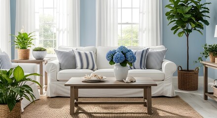 Coastal living room, blue hydrangeas, white sofa and plants
