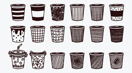 Variety of Doodle Style Paper Cups with Diverse Graphic Designs