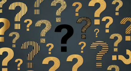 Dark background with multiple golden question marks of different textures and one black question mark, representing uncertainty, problem, curiosity