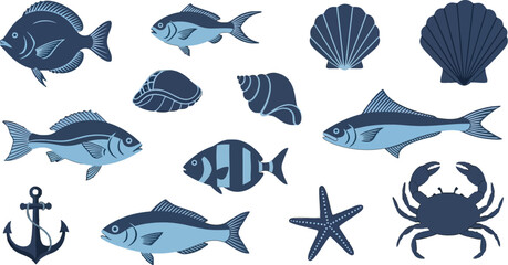 Obraz premium Nautical-themed vector collection featuring marine life and sailing elements