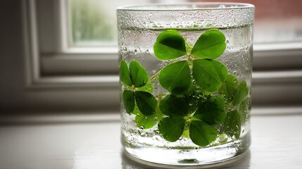 woodruff. A clear glass with fresh green woodruff leaves floating inside, condensation on the glass. bar promotions, beverage menus, designed for food & beverage menus and cafe branding.