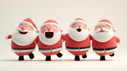 Four cheerful cartoon santa claus characters with white beards and red suits joyfully singing together in a line