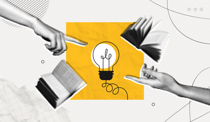 Trendy Halftone Collage Woman Hand with Lightbulb and Books. Study and education concept. New ideas and solutions in business. Creative mind or brainstorm. Contemporary vector illustration art
