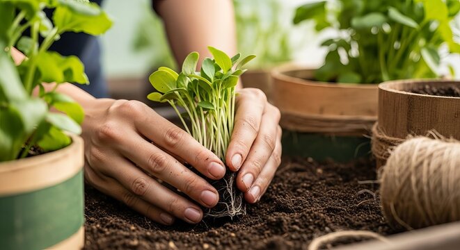 Hands holding seedlings above soil with potted plants around it