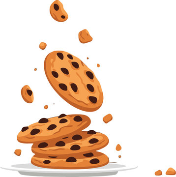 Delicious chocolate chip cookies falling on a stack of cookies drawing