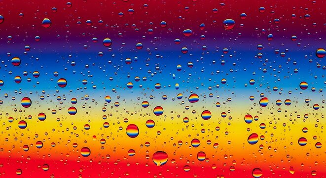 Water droplets on glass surface with vibrant rainbow colors background