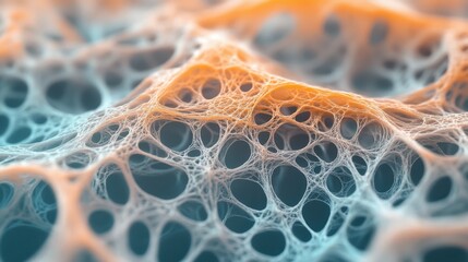 Microscopic network of organic fibers, cellular structure, biological research, scientific exploration of cell membranes and tissues.