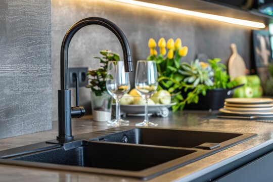 Modern kitchen sink with stylish faucet and fresh flowers