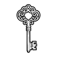Detailed Vintage Key Illustration with Intricate Swirls Design