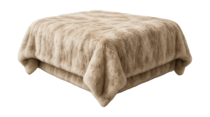 A large faux fur bedspread for a cozy winter vibe in a city apartment bedroom.