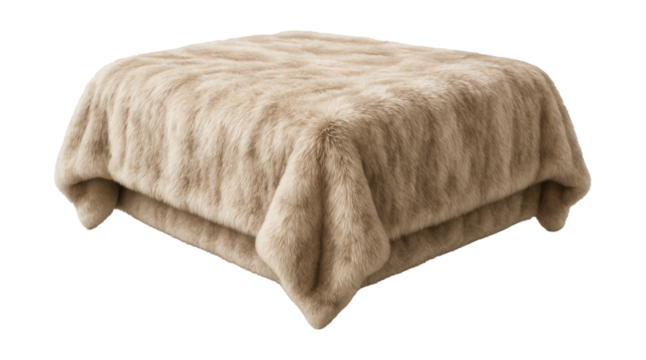 A large faux fur bedspread for a cozy winter vibe in a city apartment bedroom.