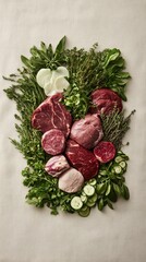 Assortment of raw meat cuts arranged with fresh herbs and sliced cucumbers on a textured surface.