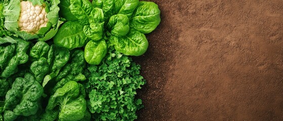 Assorted fresh green leafy vegetables and cauliflower arranged on textured earthy background, reflecting natural bounty and healthy living concepts.