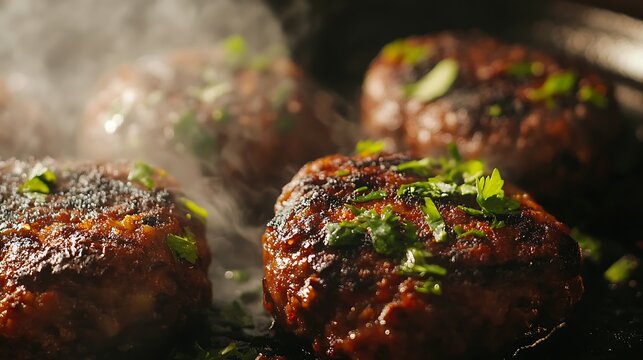 Beef bihari kebabs with visible grill marks, steam rising