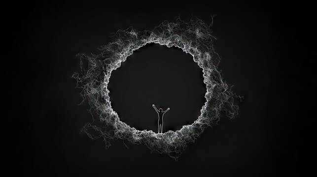 A stylized silhouette of a person stands with arms outstretched within a circular frame of glowing, ethereal light against a deep black background.