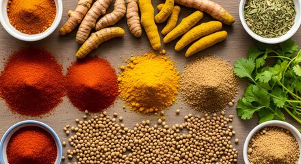Colorful array of culinary spices, herbs, and ingredients on wood