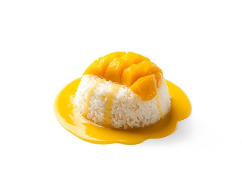 Delicious thai mango sticky rice dessert isolated on white background