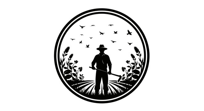Silhouette of a farmer holding a hoe in a field, surrounded by plants and birds within a circular frame.