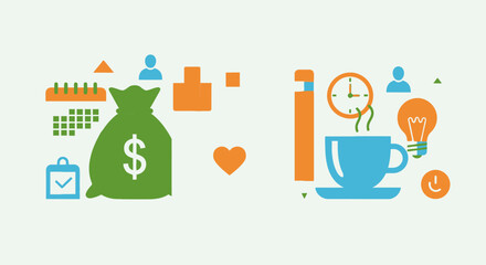 An illustrated depiction of finance, time management, and creative ideas.