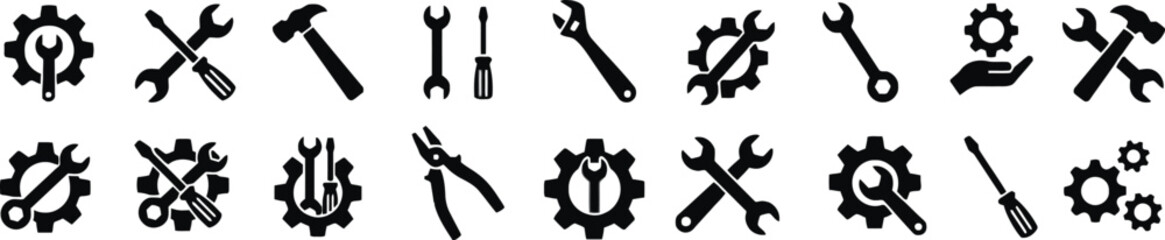 vector, gears, silhouette, tools, rows., technical, building, illustration, arranged, cogwheel, hammers, icon, collection, symbol, graphic, industrial, workshop, design, (266), service, engineering, c