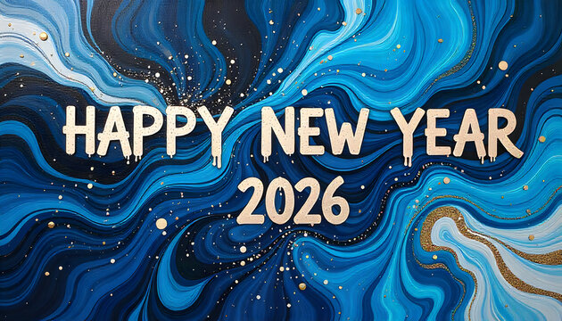 Happy New Year 2026' white text on flowing blue liquid abstract art with swirl patterns
