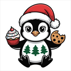 Cartoon penguin with christmas hat holding cupcake and cookie isolated on